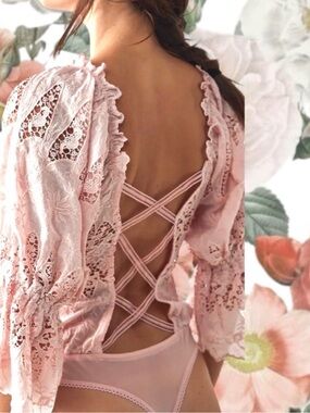 Intimately Free Free People Boho laced bodysuit with puffed sleeves SZ XS